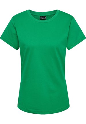 Groen katoenen T-shirt met een ronde hals, korte mouwen en een rechte zoom. Heeft een klein merklogo aan de onderzijde.
