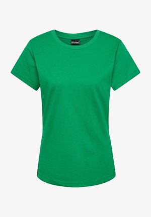Green cotton T-shirt with a crew neck, short sleeves, and a straight hem. Features a small brand logo on the lower side.