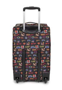 Black wheeled suitcase featuring superhero comic designs in various colors, with a telescopic handle and black rubber wheels.