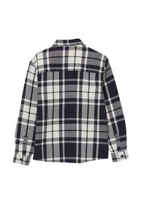 Camicia in flanella a scacchi navy e crema, maniche lunghe, polsini con bottone, yoke sul retro, tessuto testurizzato con motivo a quadri.