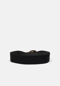 Belt negru cu un design texturat din plasă, având un accent din piele ecologică netedă și o cataramă rectangulară de nuanță aurie.