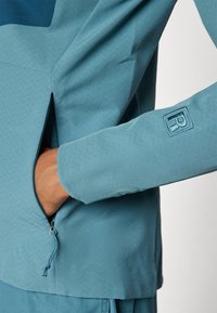 Hand in der Reißverschlusstasche einer türkisfarbenen Langarmjacke mit gesticktem "R" auf dem Ärmel, zeigt Textur und Reißverschlussdetails.