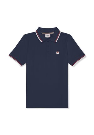 Marineblauw poloshirt met een kraag, een drieknoopsluiting en rode en witte gestreepte accenten op de kraag en mouwen. Klein logo weergegeven.