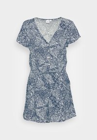 Navy dress with a white abstract pattern, short kimono sleeves, a V-neckline, front buttons, and a fitted waist with a flared skirt.