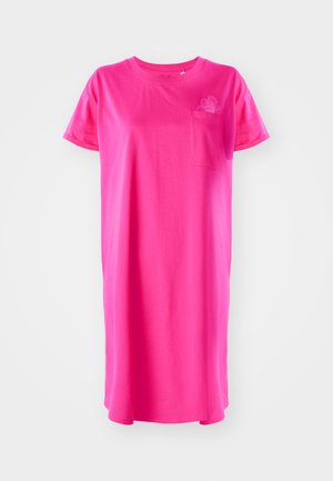 Rosa bomullstshirtklänning med korta ärmar, rund halsringning, ficka på vänster bröst och blomsterbroderi.