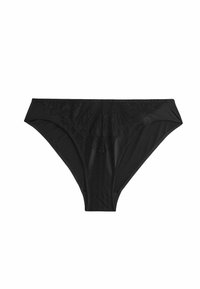 Black lace panties featuring a smooth fabric with intricate floral embroidery at the front, and a classic high-cut design for a sleek silhouette.