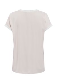 Light gray short-sleeve top with a round neckline, featuring a smooth texture and white trim on the sleeves and collar.