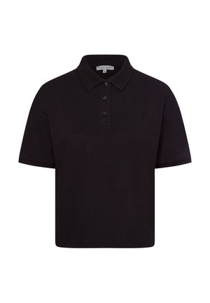 Schwarzes Poloshirt aus Baumwolle mit klassischem Kragen, dreiknöpfiger Knopfleiste und kurzen Ärmeln. Melierte Textur und lockere Passform.