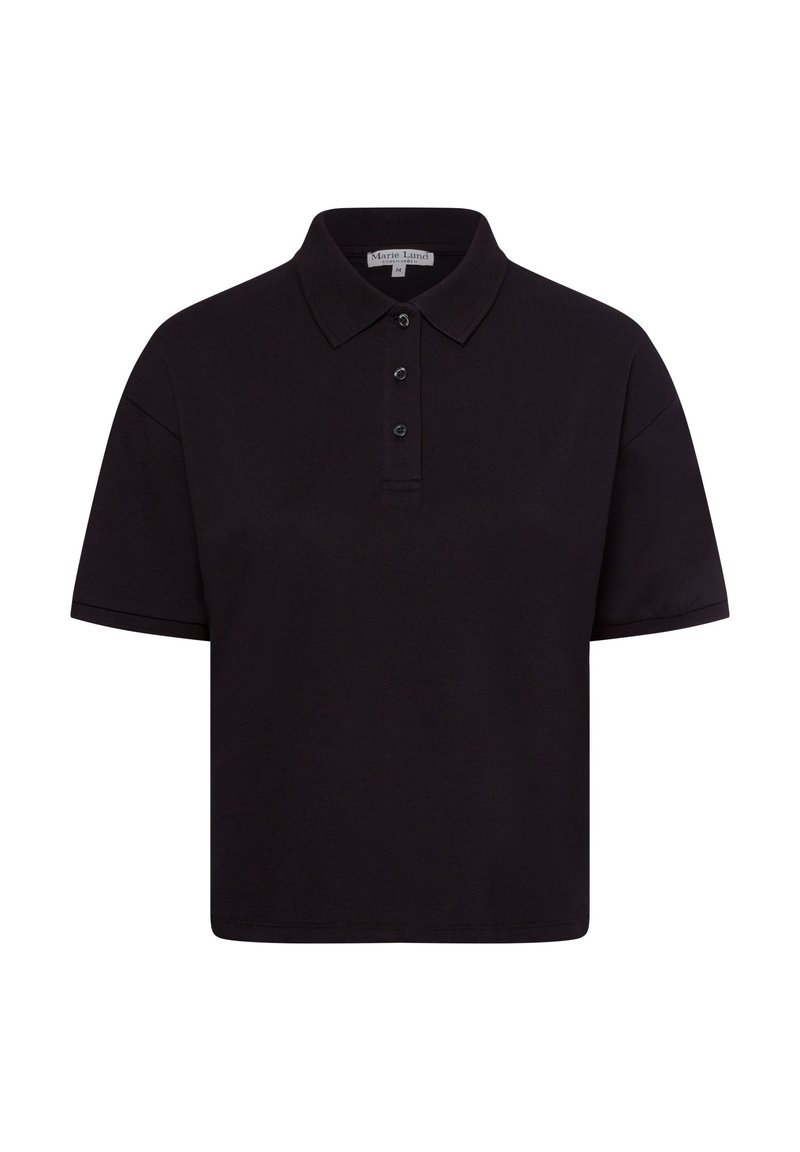 Zwart polo-shirt van katoen, met een klassieke kraag, een drukknoopsluiting met drie knopen en korte mouwen. Glad textuur en een ontspannen pasvorm.