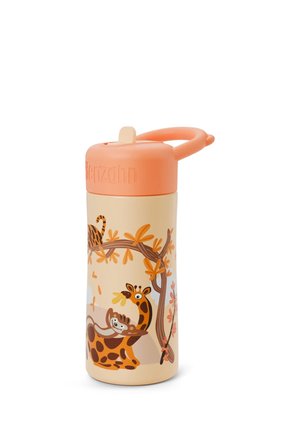 Orange-lidded, cream bottle features animal designs with a giraffe and monkey. Smooth surface, durable material, and a carry handle.