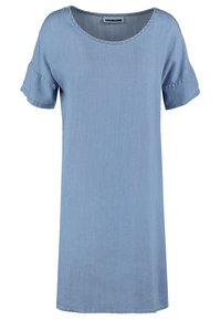 Vaaleansininen jersey-mekko, jossa on lyhyet hihat, pyöreä pääntie ja löysä malli. Mekossa on hienovarainen rakenne ja raakareunaiset yksityiskohdat.