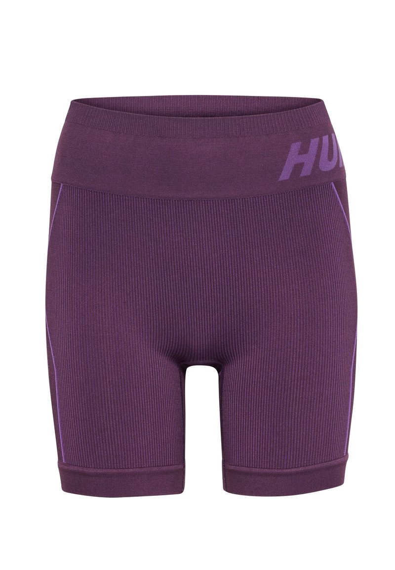Paarse geribbelde sportshorts met een brede tailleband en contrasterende stiksels. De merknaam "HUGO" staat langs de tailleband weergegeven.
