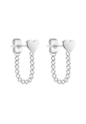 Silver stud earrings with heart-shaped tops connected by short silver chains, designed for pierced ears.