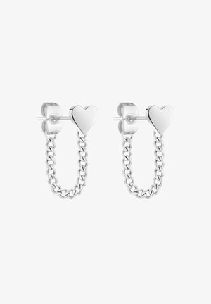 Boucles d'oreilles en argent avec des têtes en forme de cœur reliées par de courtes chaînes en argent, conçues pour les oreilles percées.