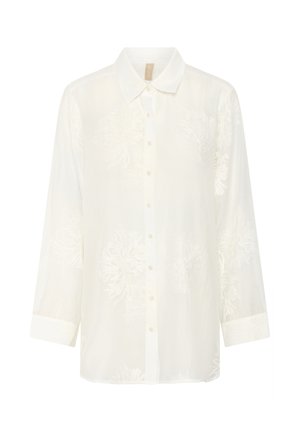 White long-sleeve shirt with a button-up front. Features embroidered floral patterns. Made of lightweight, sheer fabric with a classic collar.
