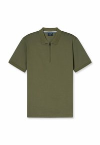 Olivgrünes Poloshirt mit Reißverschlusskragen, kurzen Ärmeln und glatter Textur. Entworfen für eine lässige Passform und einen minimalistischen Stil.