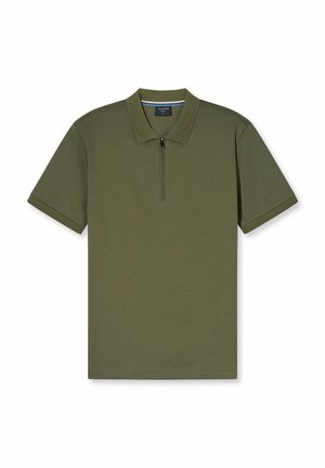 Olivgrünes Poloshirt mit Reißverschlusskragen, kurzen Ärmeln und glatter Textur. Entworfen für eine lässige Passform und einen minimalistischen Stil.