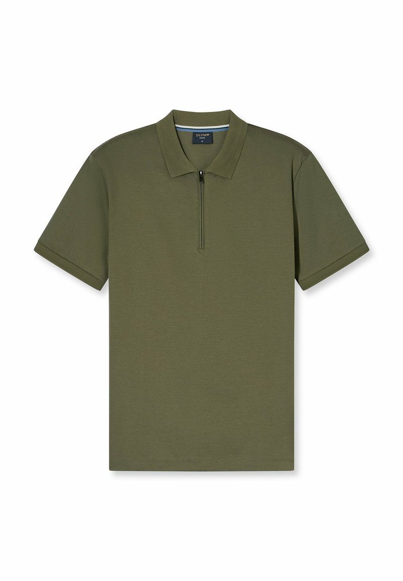Olivgrünes Poloshirt mit Reißverschlusskragen, kurzen Ärmeln und glatter Textur. Entworfen für eine lässige Passform und einen minimalistischen Stil.
