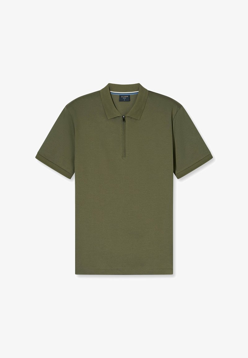 Polo verde oliva con colletto zip, maniche corte e una texture liscia. Progettato per una vestibilità casual, stile minimalista.