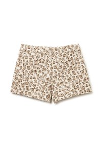 Pantaloni corti leopardati in un tessuto beige chiaro, con una superficie testurizzata, due tasche posteriori e un design a taglio dritto.