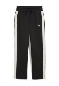 Pantaloni sportivi neri con vita regolabile, caratterizzati da strisce laterali crema con un motivo a logo ripetuto e un piccolo logo bianco sul davanti.