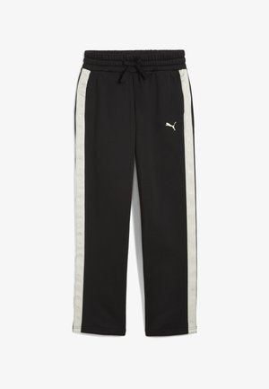 Melni sporta bikses ar auklu viduklī, ar krēmkrāsas sānu svītrām, kurās atkārtojas logo raksts, un mazu balto logo priekšā.