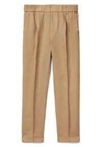 Beige linnebyxor med elastisk midja, tapered design, två framfickor och stickade detaljer i bensluten. Slät textur och lättviktiga.