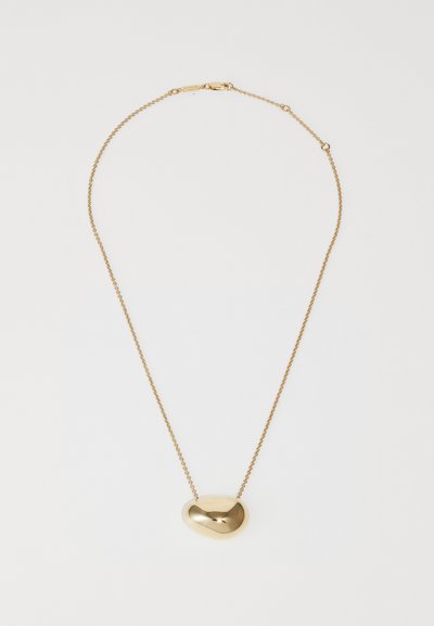 Gold-tone necklace featuring a smooth, oval pendant with a polished finish, attached to a delicate chain with a spring clasp.