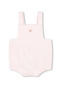Romper in corduroy rosa chiaro con spalline regolabili, fondo arrotondato e un piccolo dettaglio ricamato a forma di cuore sulla parte anteriore.