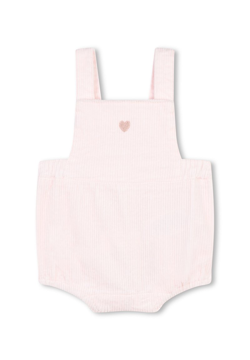 Romper in corduroy rosa chiaro con spalline regolabili, fondo arrotondato e un piccolo dettaglio ricamato a forma di cuore sulla parte anteriore.