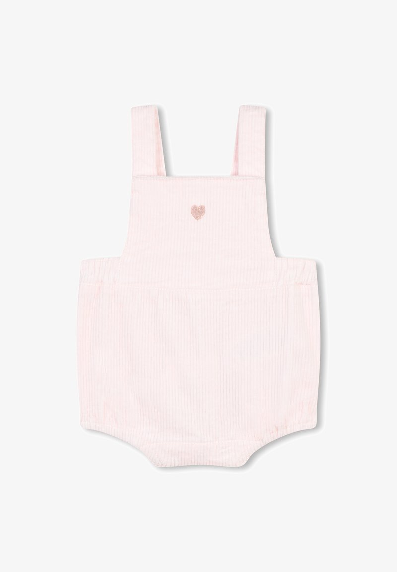 Romper in corduroy rosa chiaro con spalline regolabili, fondo arrotondato e un piccolo dettaglio ricamato a forma di cuore sulla parte anteriore.