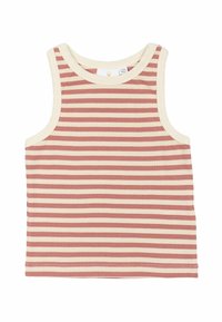 Pruhovaná tank topka v hrdzavej a krémovej farbe, vyrobená z rebrovanej tkaniny s okrúhlym výstrihom a otvorenými ramennými rukávmi, s dvojitým stehom na lemoch.