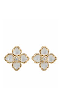 Gold floral-shaped earrings featuring four petal-like designs with white pearl centers and a rhinestone accent at the core, textured finish.