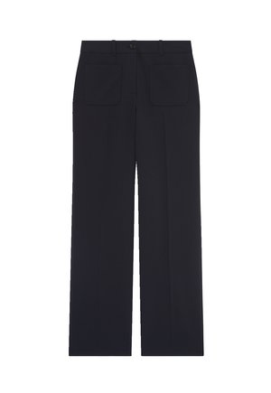 Pantalons larges noirs avec des poches à patte avant, des passants de ceinture et une fermeture à bouton à la taille.