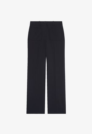 Pantalons larges noirs avec des poches à patte avant, des passants de ceinture et une fermeture à bouton à la taille.