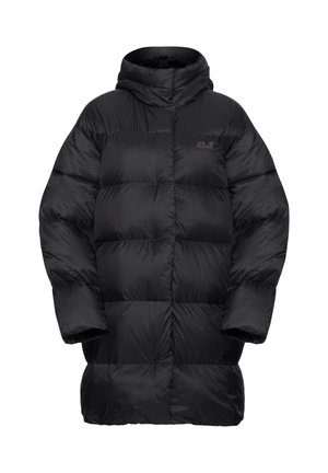 Schwarze Steppjacke mit Kapuze, im Oversized-Schnitt und gestepptem Design. Hergestellt aus glattem, leichtem Material, mit Logo-Akzent.