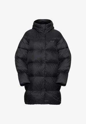 Schwarze Steppjacke mit Kapuze, im Oversized-Schnitt und gestepptem Design. Hergestellt aus glattem, leichtem Material, mit Logo-Akzent.