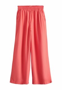 Korallenrote Hosen mit weitem Bein, elastischem Bund und Seitentaschen, gefertigt aus leichtem Stoff.