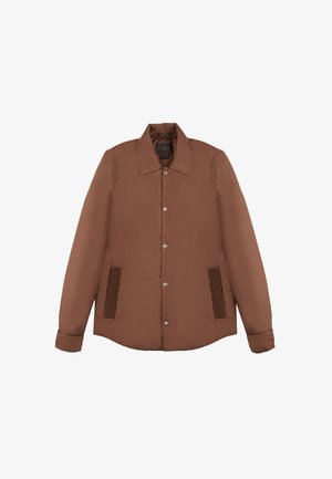 Braune, gepolsterte Jacke mit kragenförmigem Ausschnitt, Druckknopfverschluss und strukturierten Seitenpaneelen. Glatte Oberfläche mit langen Ärmeln.