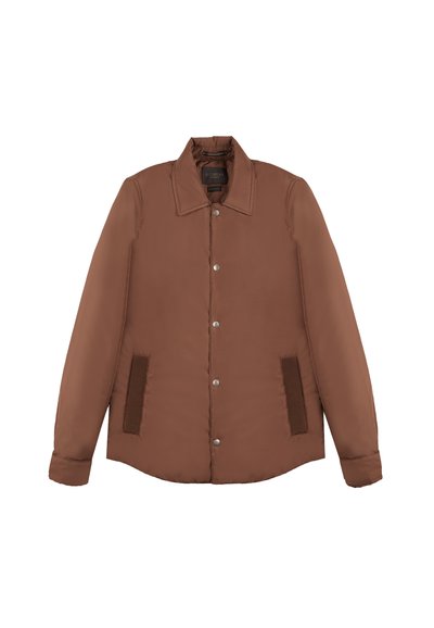 Bruine, gewatteerde jas met een kraag, drukknoopsluiting en getextureerde zijpanelen. Glad weefsel met lange mouwen.