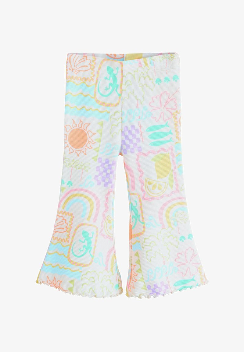 Pantalones acampanados para niños con estampados tropicales multicolores en tonos pastel que incluyen sol, arcoíris, lagartos, peces, hojas y limones sobre un fondo blanco.