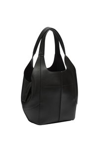 Czarna skórzana torba na ramię z dwoma uchwytami, gładka tekstura, zaokrąglony kształt oraz pionowe szwy na przodzie.