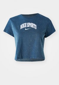 Blue cotton crop t-shirt with short sleeves, featuring "NIKE SPORTS" in white embroidered text and a small Nike logo below.
