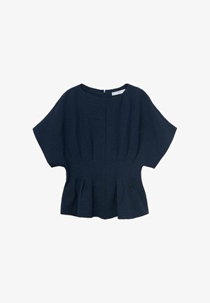Navy blue top with short sleeves and a textured fabric. Features a subtle peplum style and a back zipper for closure.