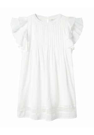 Biała sukienka z krótkim rękawem, z falbankami na rękawach, pionowymi plisami na biuście oraz koronkową lamówką przy dolnym brzegu.