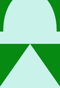 Groene geometrische vormen, waaronder een halve cirkel en een driehoek, liggen over een lichtblauwe achtergrond met zachte texturen en scherpe randen.