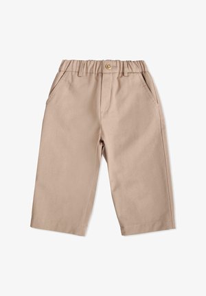 Beige, lichte katoenen broek met elastische tailleband, knoopdetail, twee zijzakken en een rechte pasvorm. Gladde textuur.