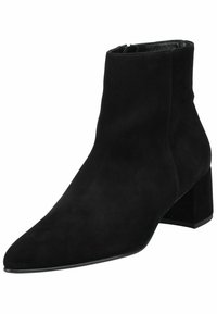 Bottines noires en daim avec un bout pointu et un talon carré, présentant une texture lisse et un design simple et épuré.