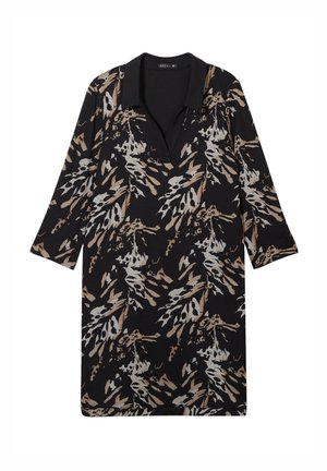 Schwarzes Kleid mit V-Ausschnitt und Kragen, das ein botanisches Muster in Beige und Grau über den gesamten Stoff aufweist. Dreiviertellange Ärmel.