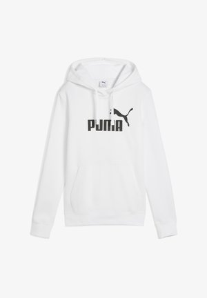 Valge kapuutsiga dressipluus esmitasku ja musta Puma logoga rinnal, kujutatud tavalise tausta peal.